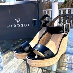 Windsor Platform Burst Espadrilles Black Patten Leather Size 8 1/2